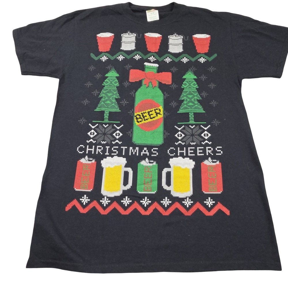 DEC 25th Mens Christmas Cheers Beer Graphic T-Shirt Black Sz Medium Cotton XMAS